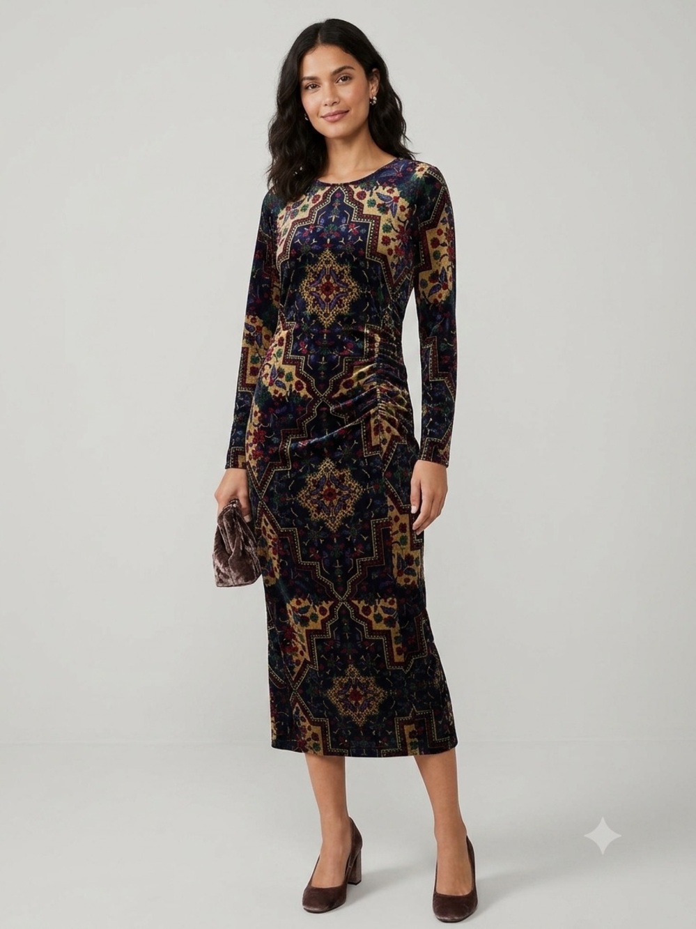 LOFT Petites Velvet Ruched Midi Dress 8P Black Medallion Floral Long Sleeve NWT